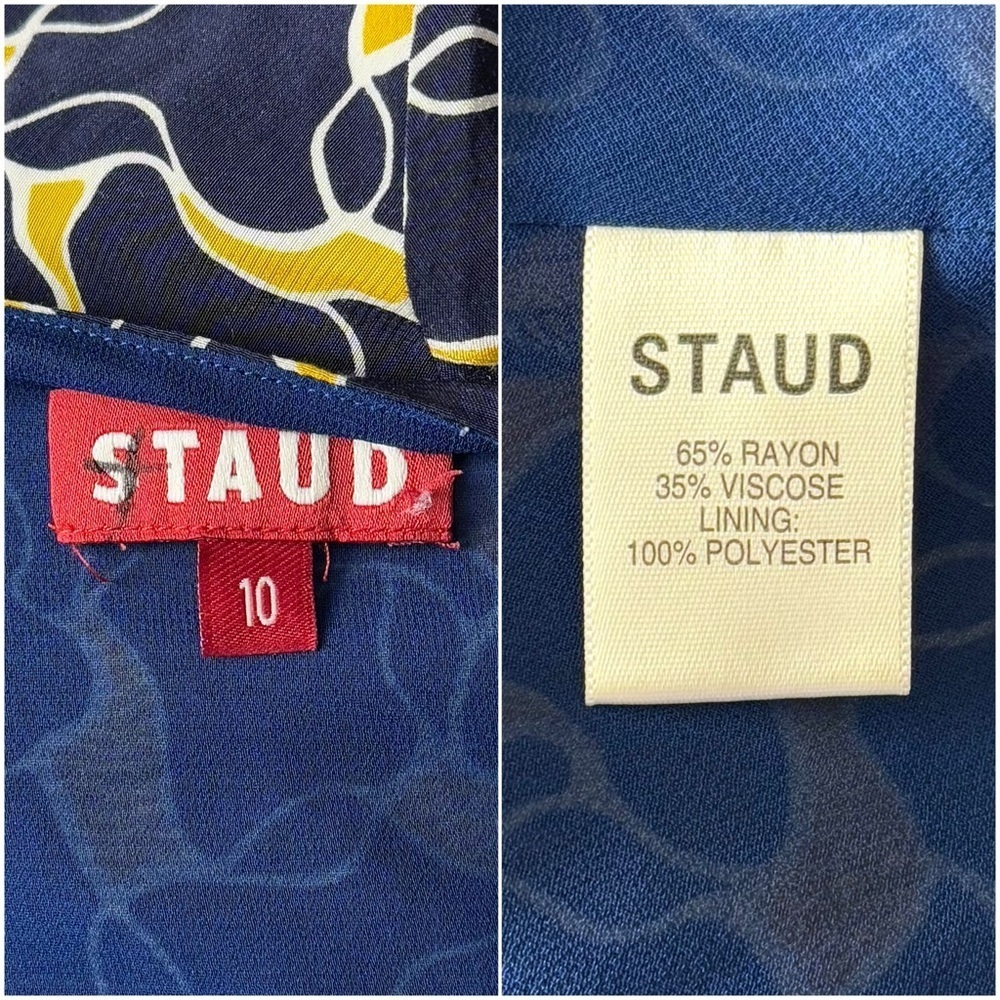 STAUD 90s Navy Abstract Print Puff Short Sleeve V-Neck Empire Waist Dress 10 - Picture 6 of 7